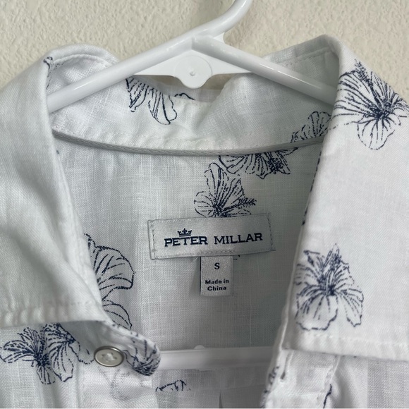 Peter Millar Floral Hibiscus Beach Short Sleeve Button Up 100% Linen Shirt - Picture 4 of 5